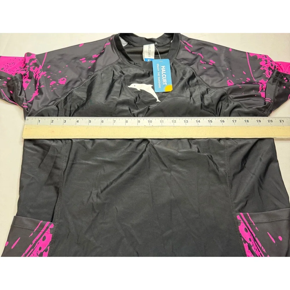 Halcurt Womens Rash Guard Swim Shirt Black Pink Splatter Short Sleeve XL NEW